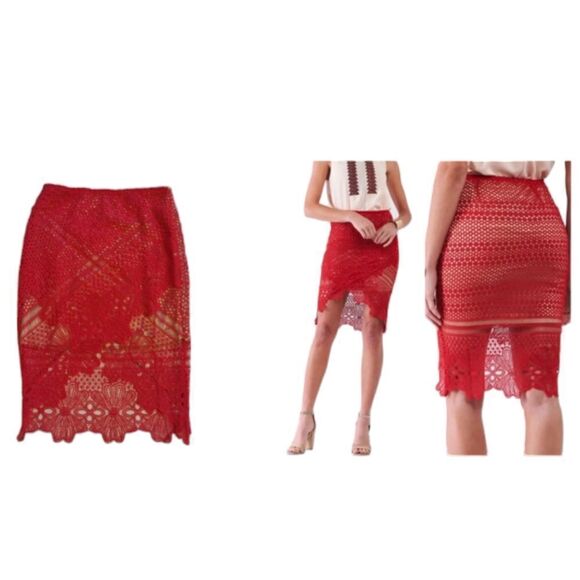 Sugar + Lips Red Lace Skirt tulip-hem Pencil Skirt miniskirt S Cute Sexy - Picture 2 of 14